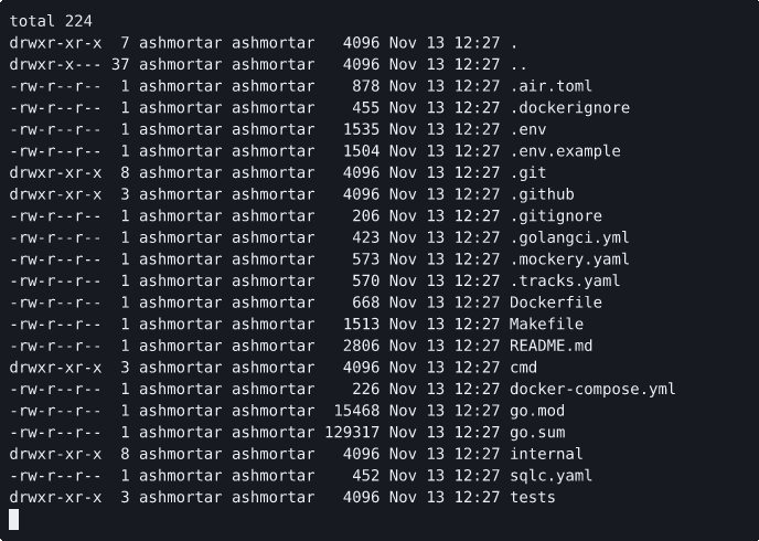 Terminal showing ls -la command output displaying generated project structure including cmd/, internal/, .air.toml, .env, .gitignore, docker-compose.yml, go.mod, Makefile, and README.md files