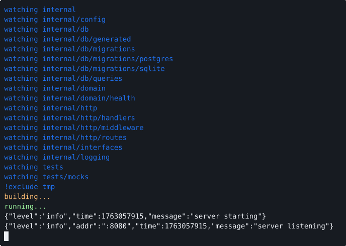 Terminal showing make dev command starting Docker Compose services, Air live reload watching files, building the application, and starting HTTP server on port 8080. A code change triggers automatic rebuild and restart.